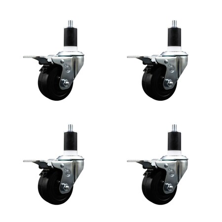 Service Caster 3'' SS Hard Rubber Swivel 1-1/2'' Expand Stem Caster Set Total Lock Brake, 4PK SCC-SSEXTTL20S314-HRS-112-4